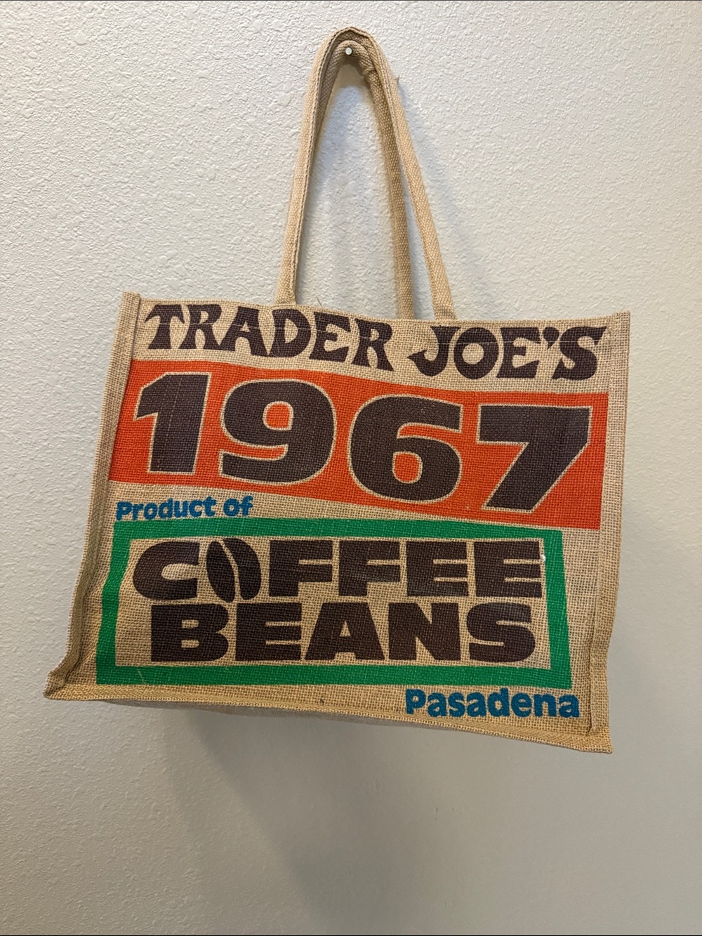 Trader Joe's 1967 Coffee Beans Burlap Tote Bag - Natural with Orange & Green